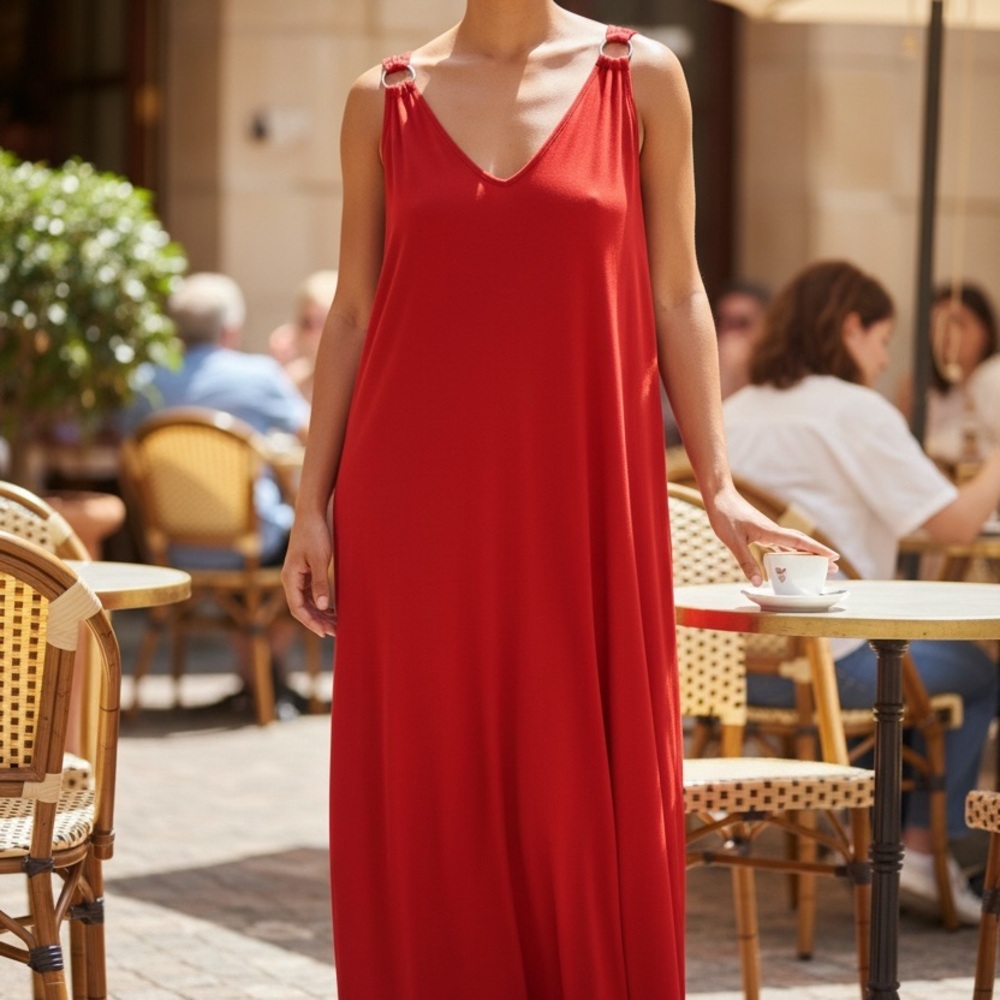 Elegant Red Sleeveless Dress with Gold Embellishments  US XL